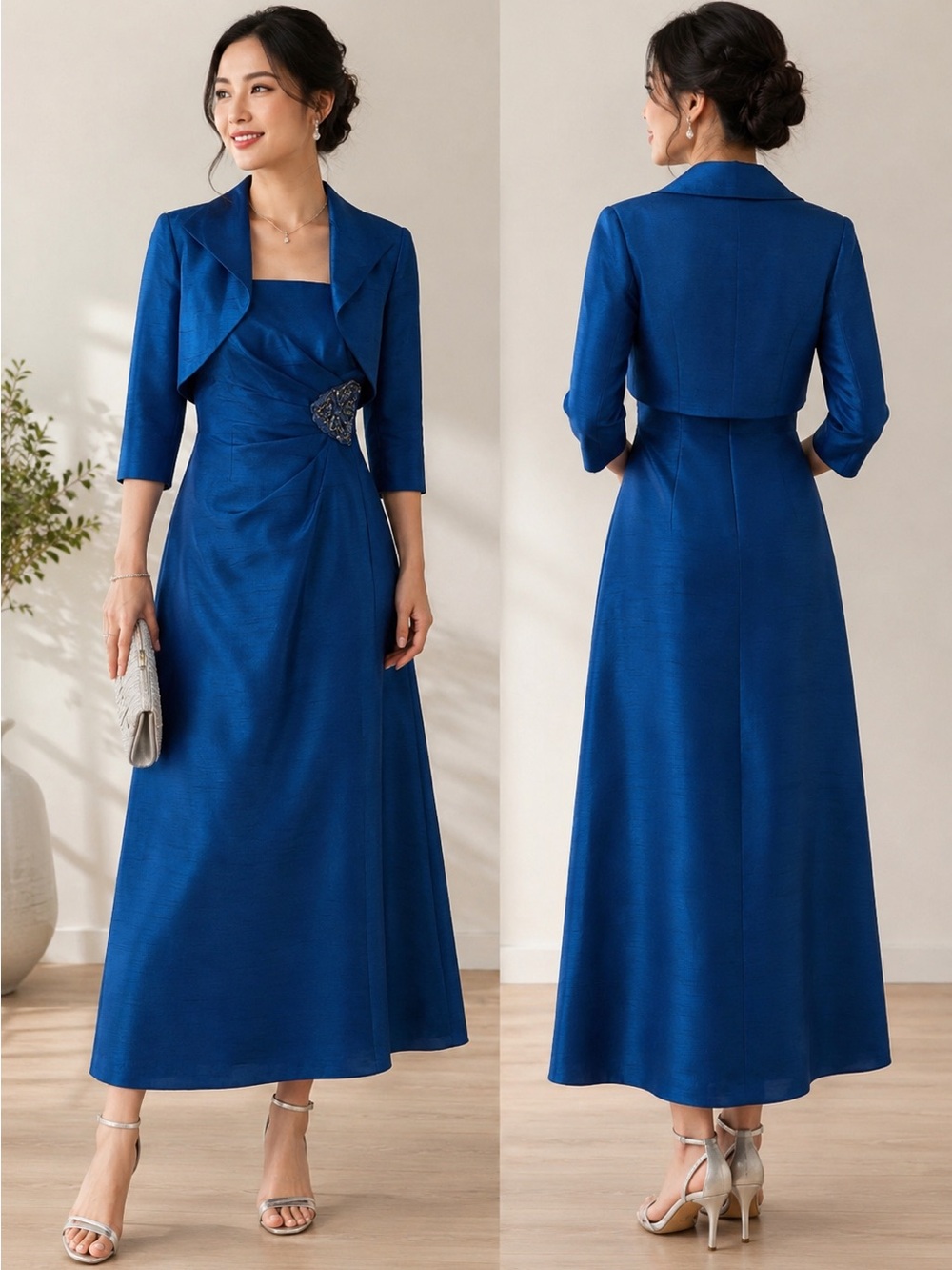Jessica Howard 2 Pc Navy Blue Taffeta Beaded Bolero & Formal Dress Size 4 - Picture 2 of 16